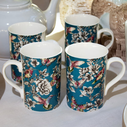 Set Of 4 Teal Blue Floral Hummingbird Mugs