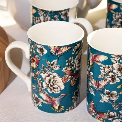 Set Of 4 Teal Blue Floral Hummingbird Mugs