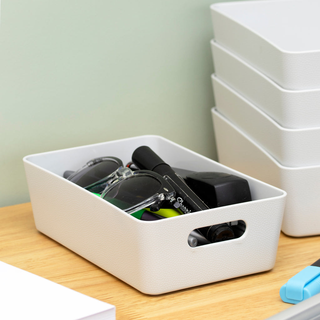 Set Of 4 Textured White Slim Rectangle Studio Baskets