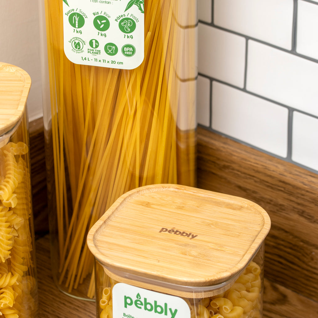 Set Of 3 Pebbly Bamboo Lid Glass Jars