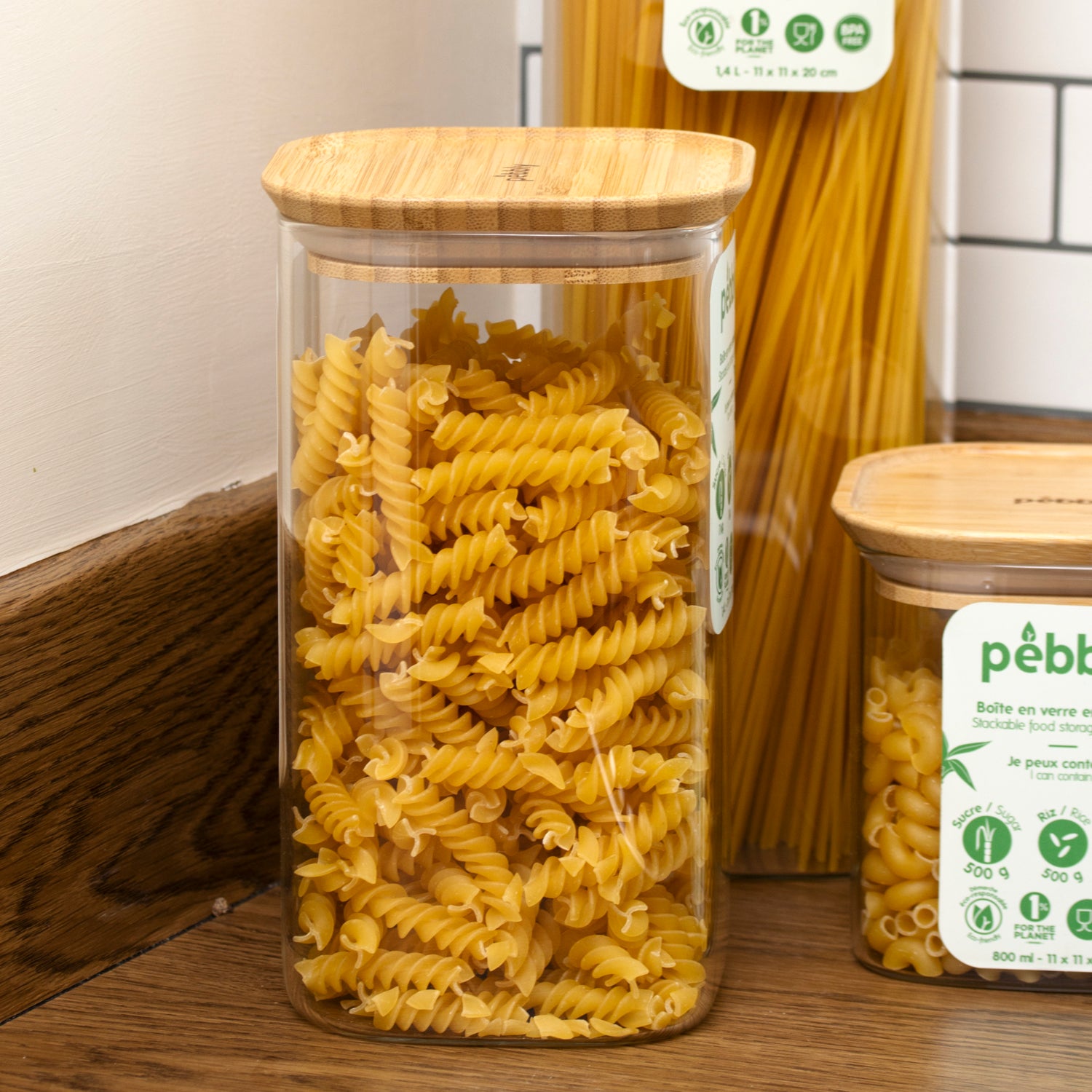 Set Of 3 Pebbly Bamboo Lid Glass Jars