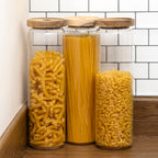 Set Of 3 Acacia Lid Tall Glass Storage Jars