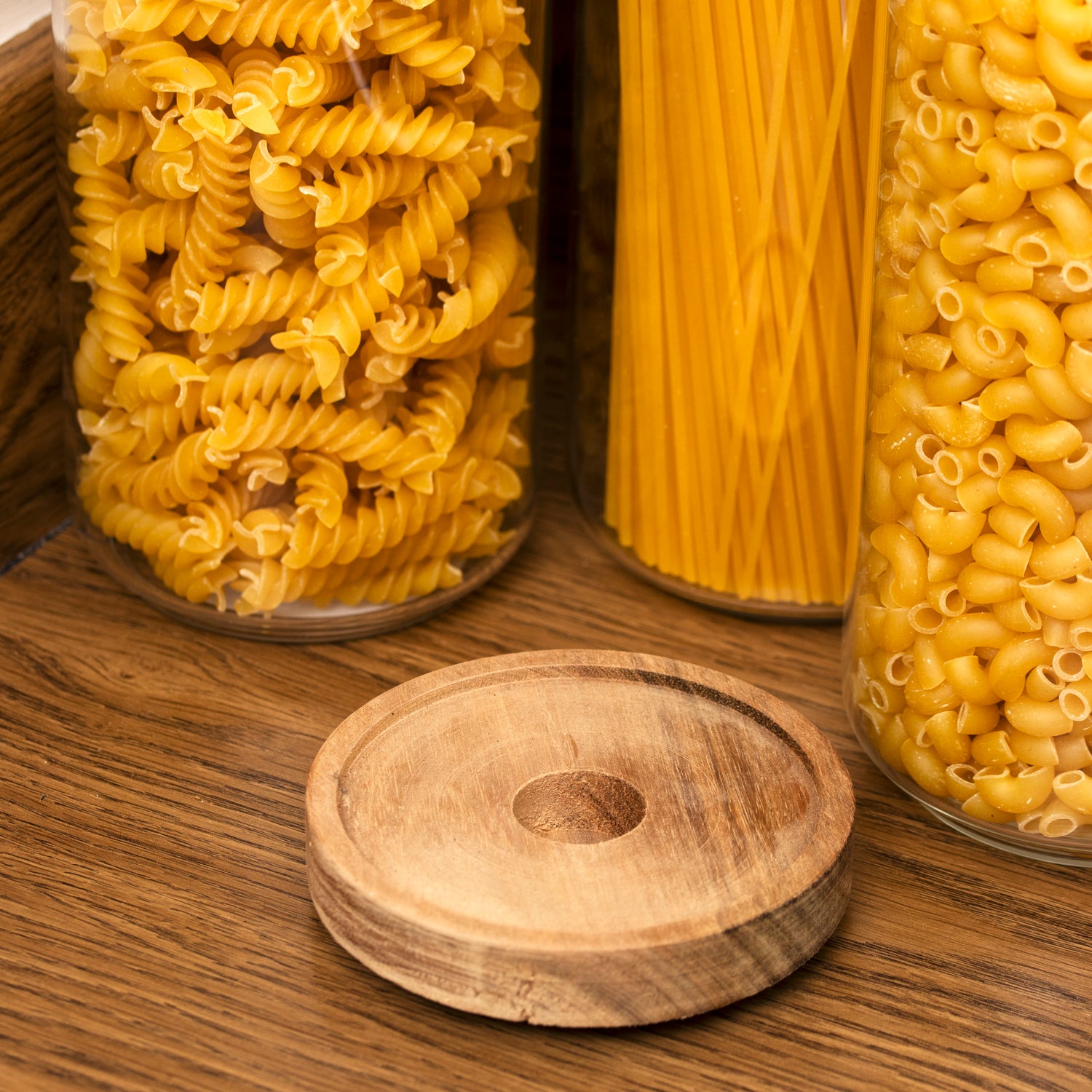 Set Of 3 Acacia Lid Tall Glass Storage Jars