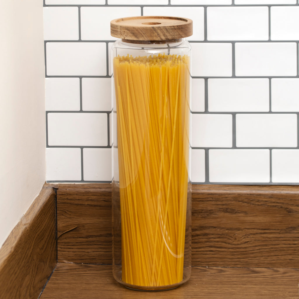 Set Of 3 Acacia Lid Tall Glass Storage Jars