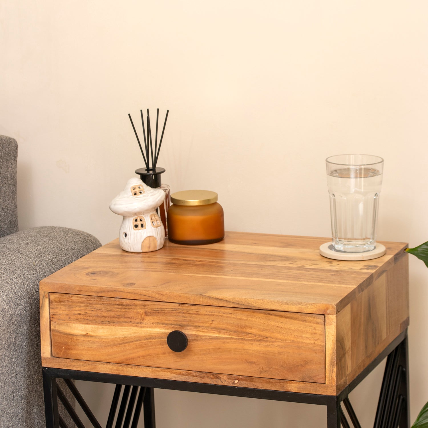 Acacia Wood & Iron 1 Drawer Side Table