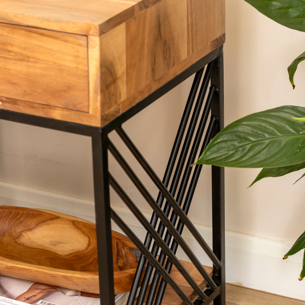 Acacia Wood & Iron 1 Drawer Side Table