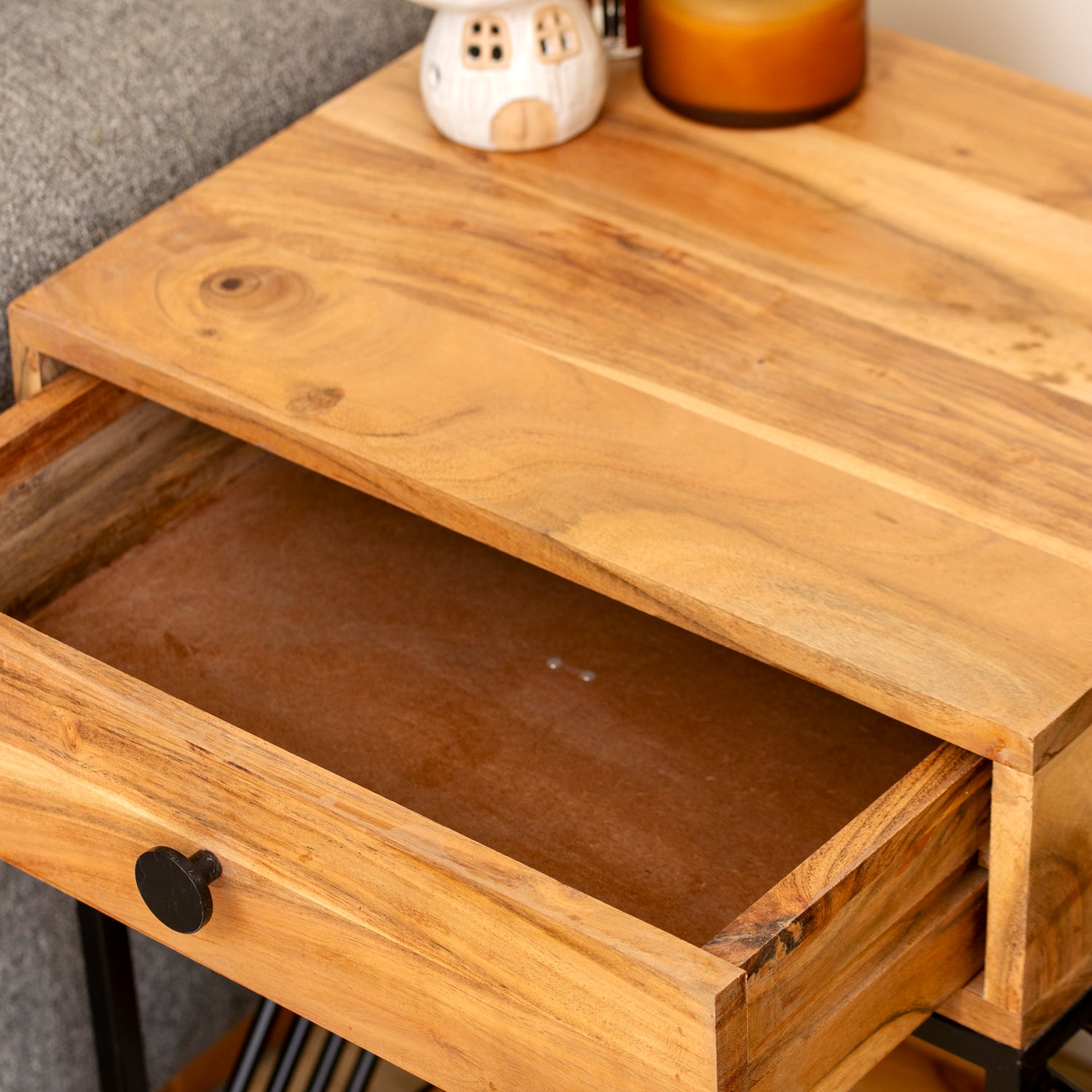 Acacia Wood & Iron 1 Drawer Side Table