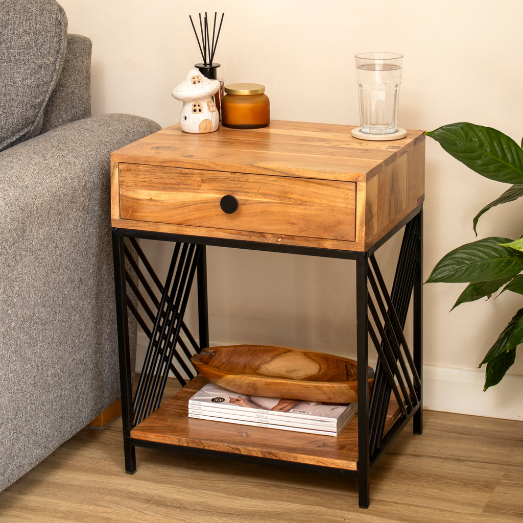 Acacia Wood & Iron 1 Drawer Side Table