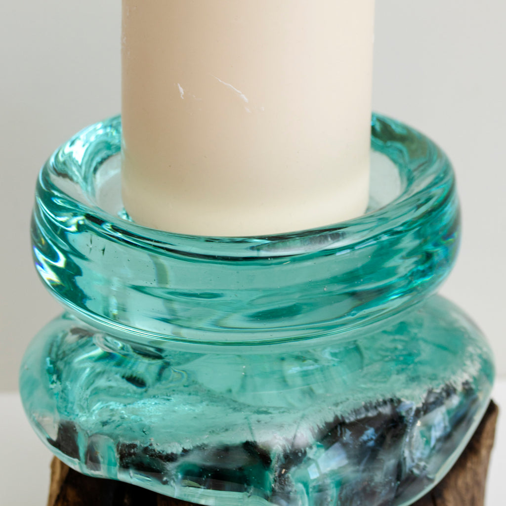 Molten Glass Pillar Candle On Teak Root Stand