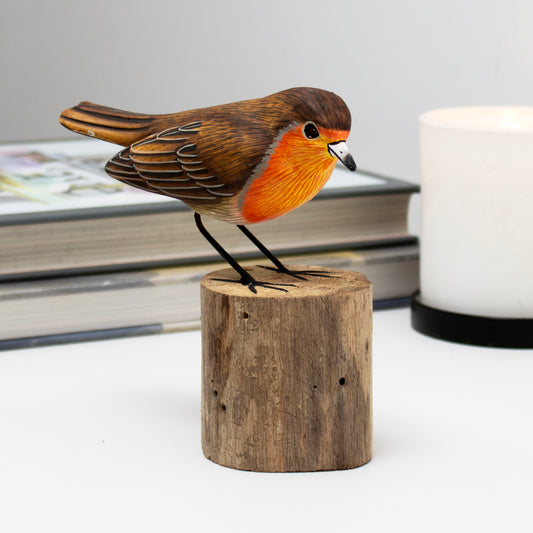 Wooden Robin Red Breast On Root Perch Ornament