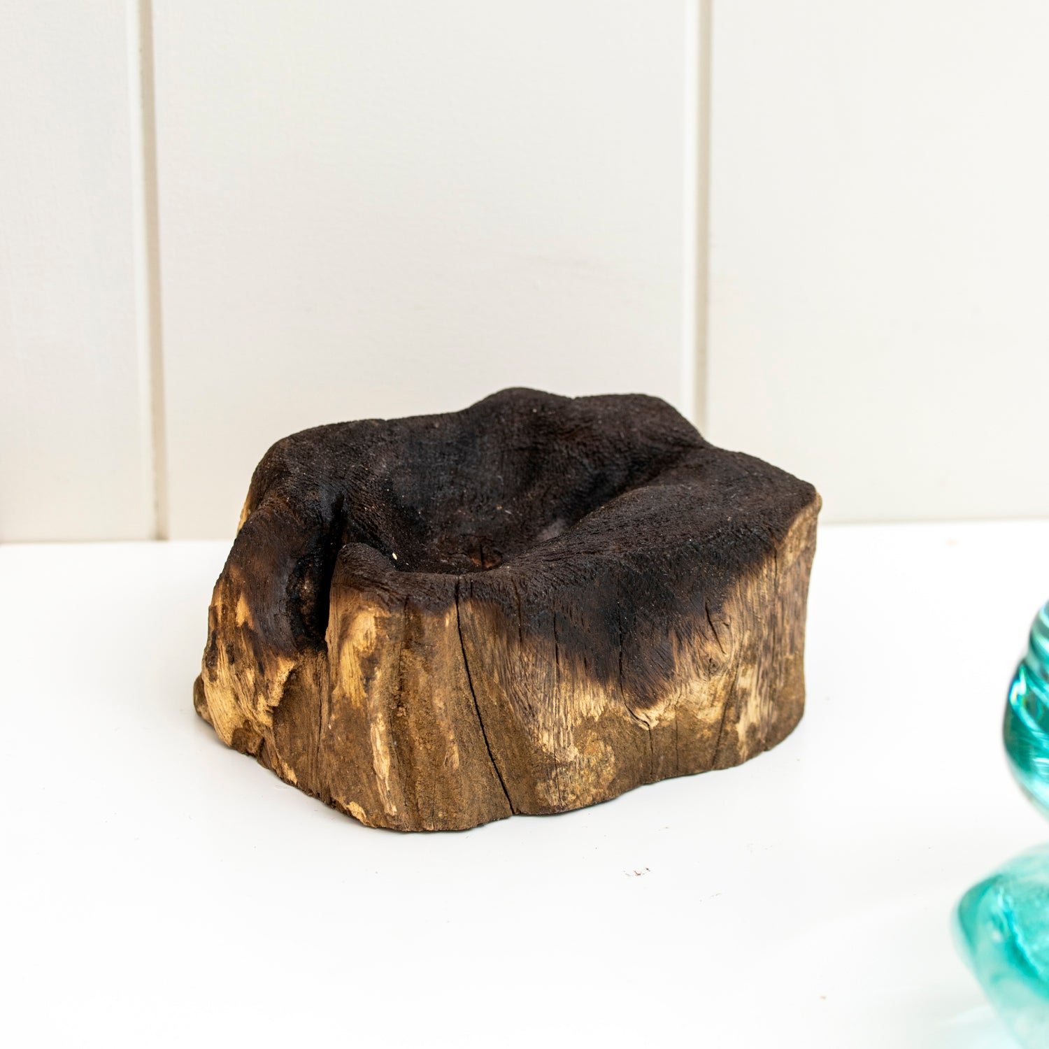 Molten Glass Pillar Candle On Teak Root Stand