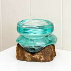 Molten Glass Pillar Candle On Teak Root Stand