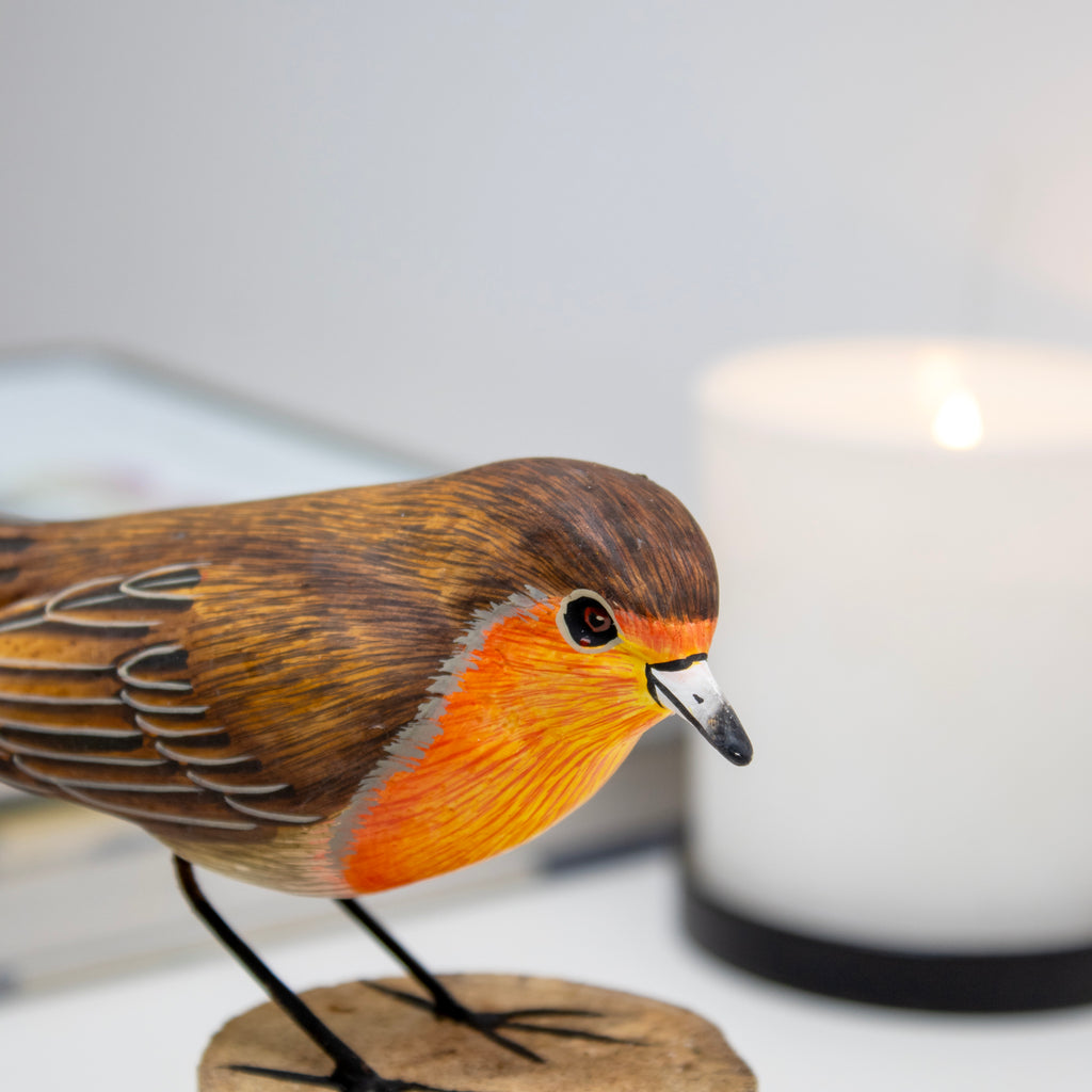 Wooden Robin Red Breast On Root Perch Ornament