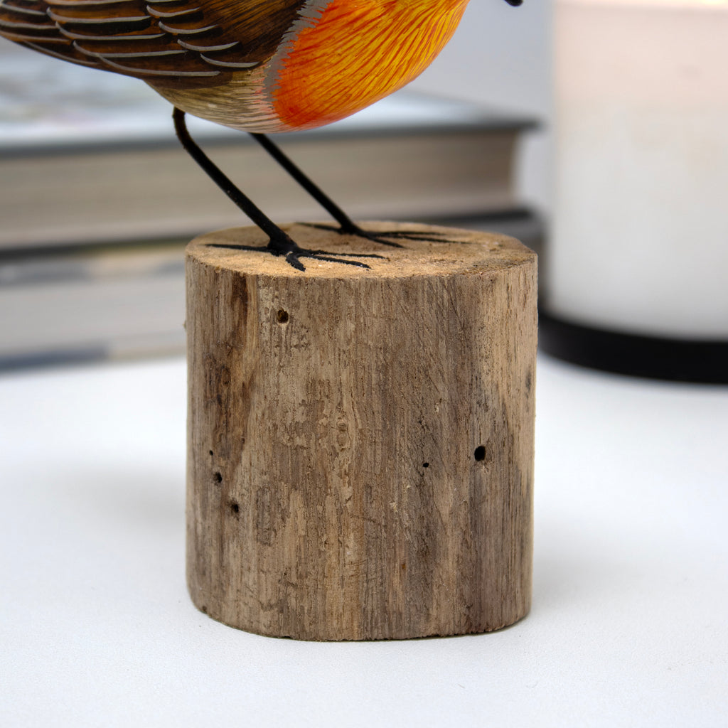 Wooden Robin Red Breast On Root Perch Ornament
