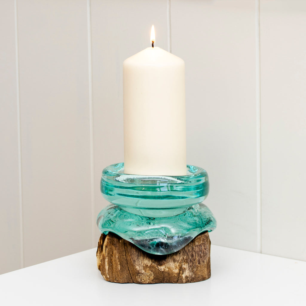 Molten Glass Pillar Candle On Teak Root Stand