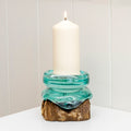 Molten Glass Pillar Candle On Teak Root Stand