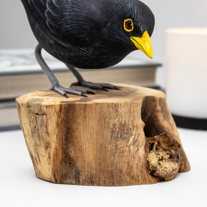 Wooden Blackbird On Teak Root Perch Ornament