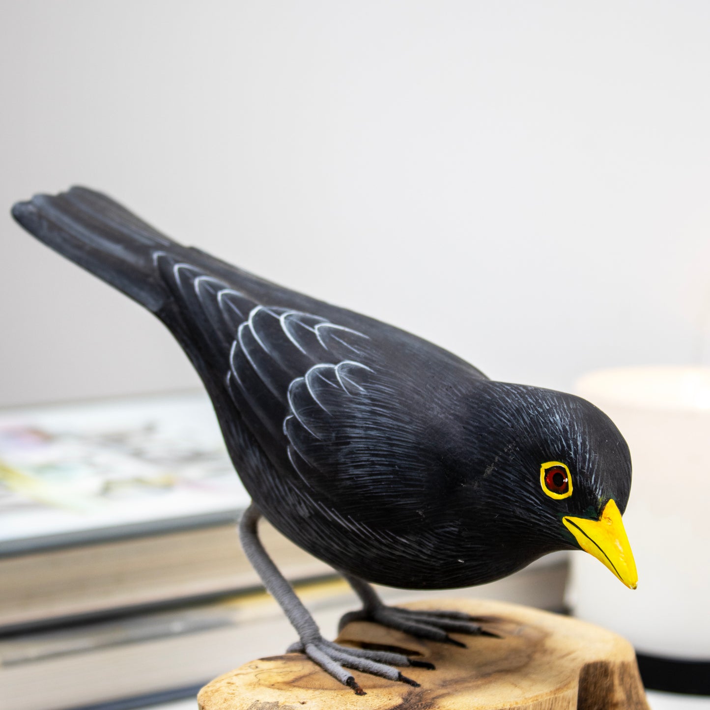 Wooden Blackbird On Teak Root Perch Ornament