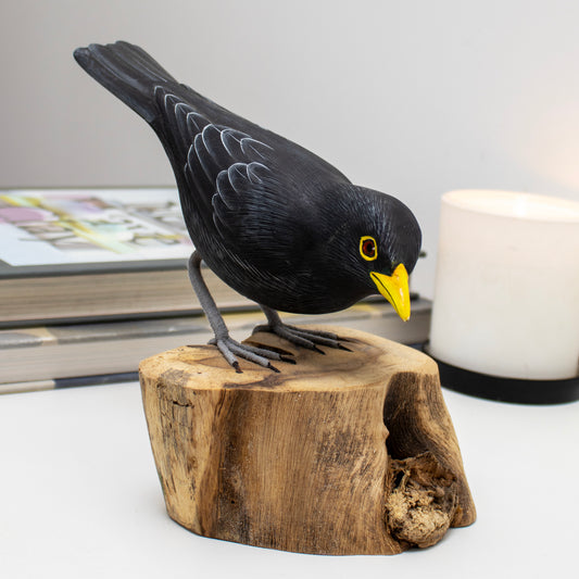 Wooden Blackbird On Teak Root Perch Ornament