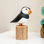 Hand Painted Puffin On Teak Root Perch Sculpture
