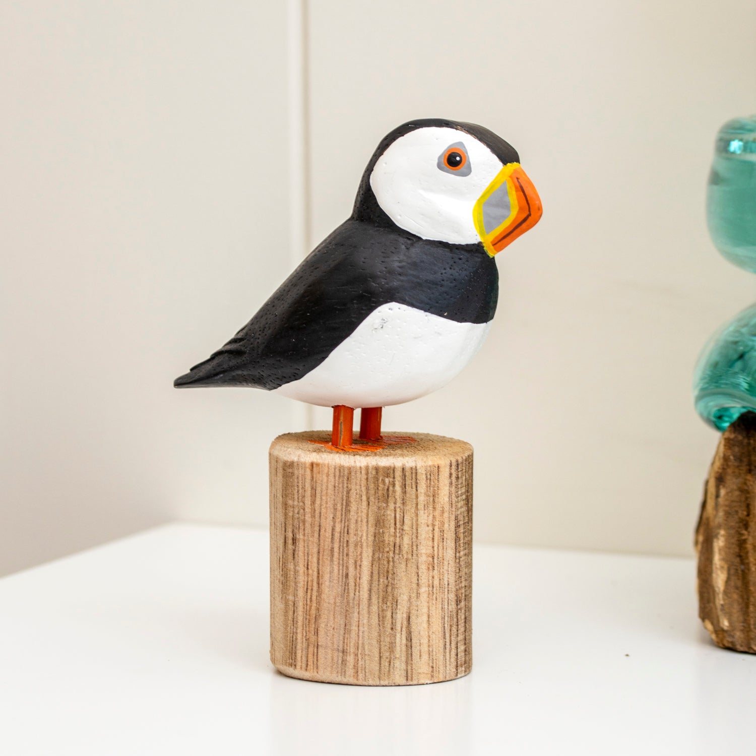 Hand Painted Puffin On Teak Root Perch Sculpture