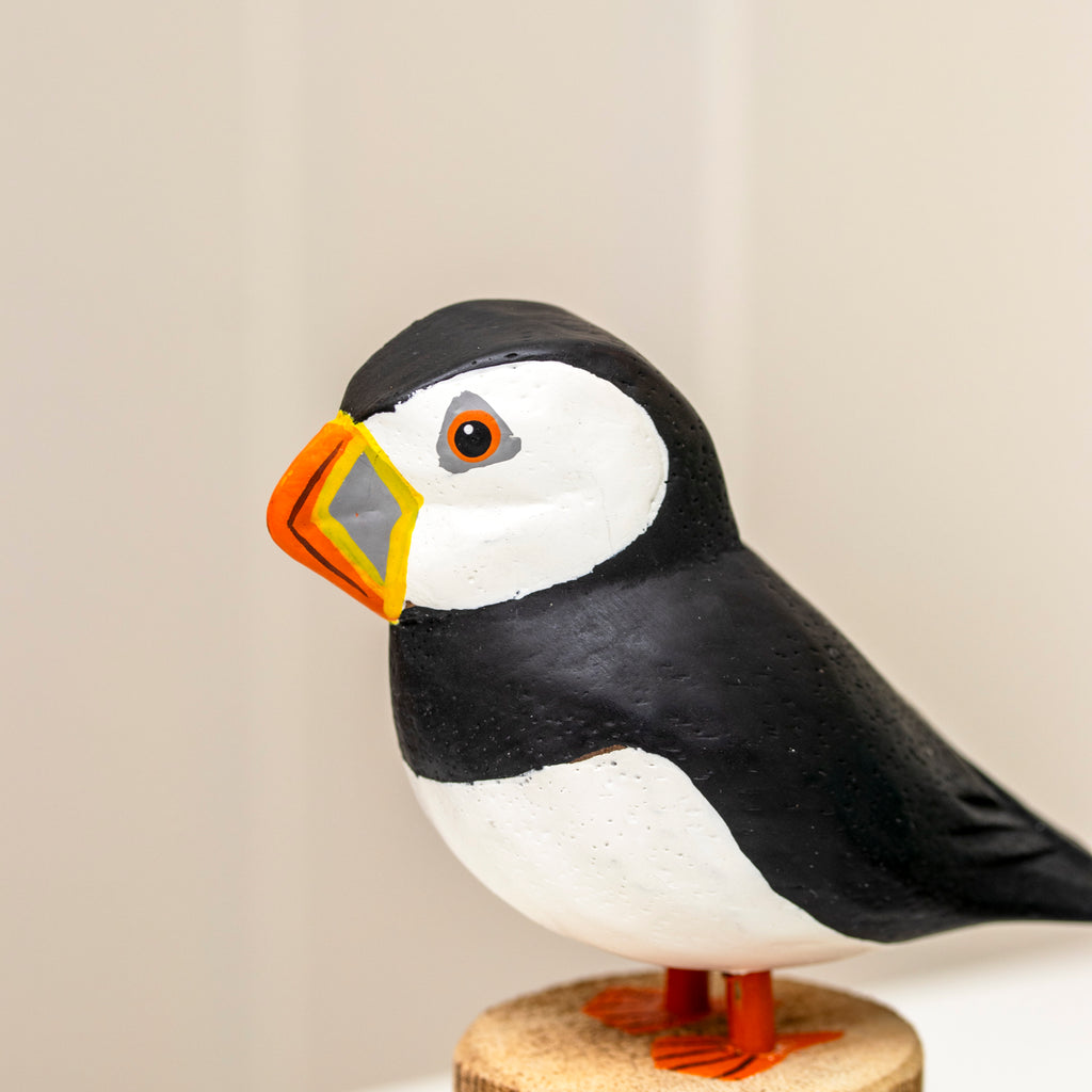 Hand Painted Puffin On Teak Root Perch Sculpture