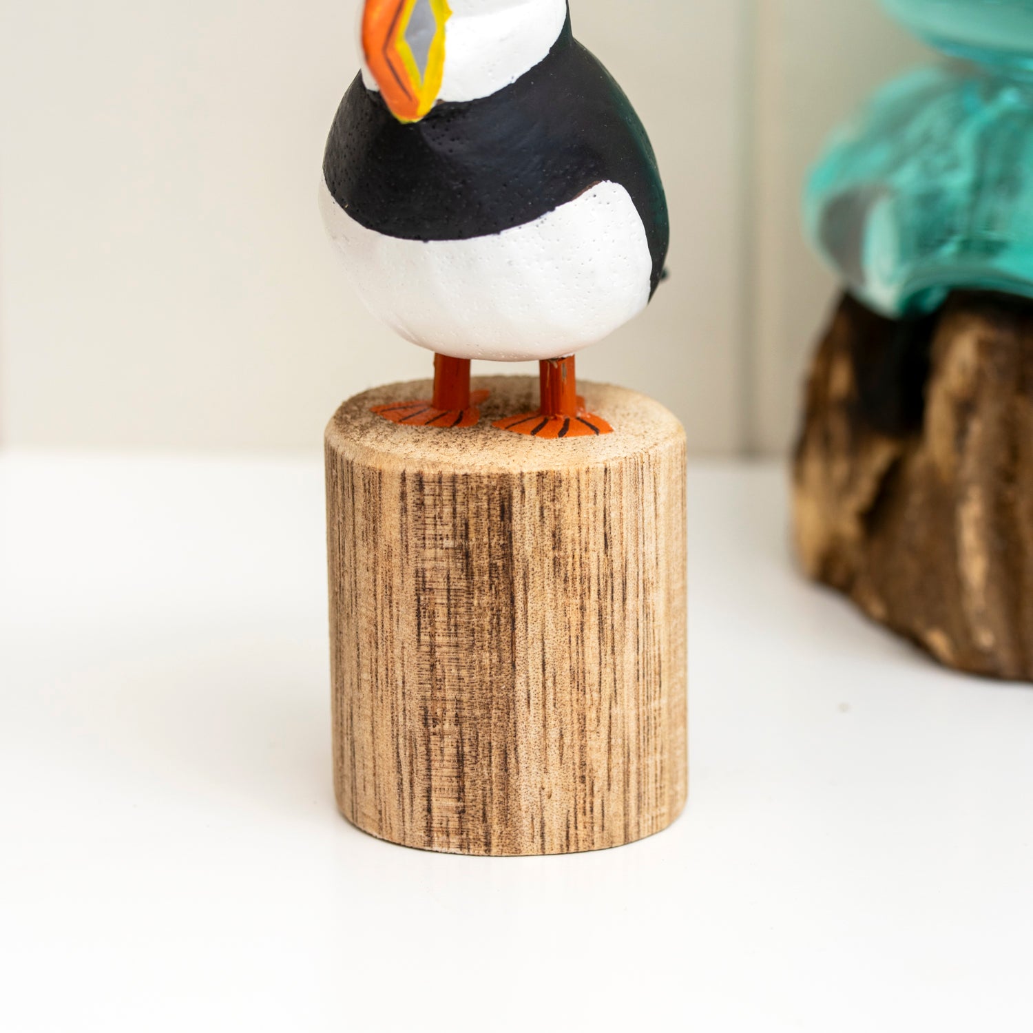 Hand Painted Puffin On Teak Root Perch Sculpture