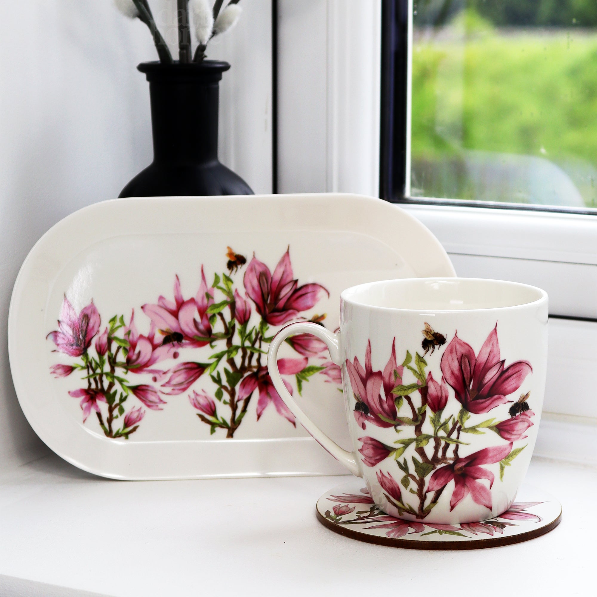 Pink Magnolia Mug Coaster And Tray Set