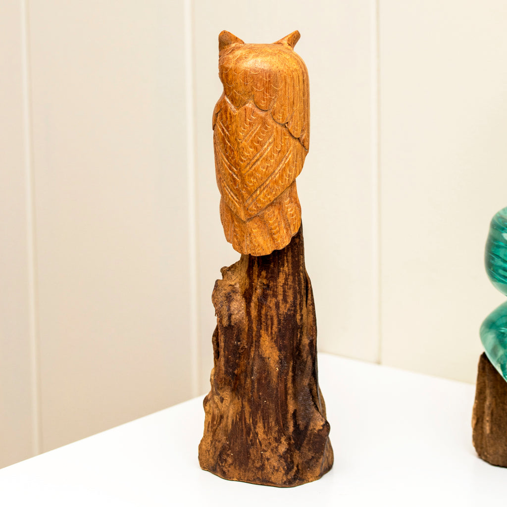 Teak Root Perched Tawny Owl Sculpture