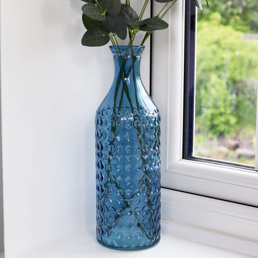 Blue Patterned Glass Bottle Vase