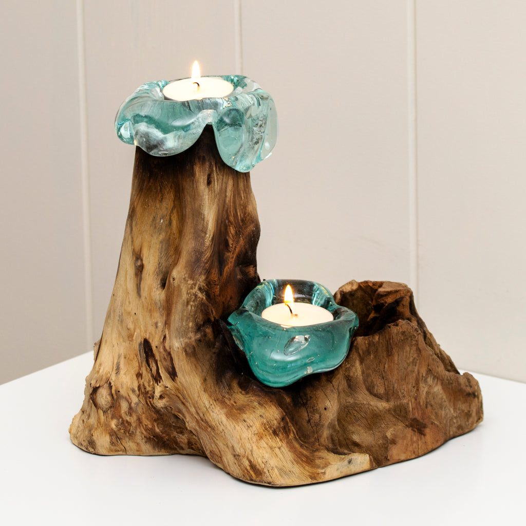 Tall Double Molten Glass Candle Holder With Teak Root Base