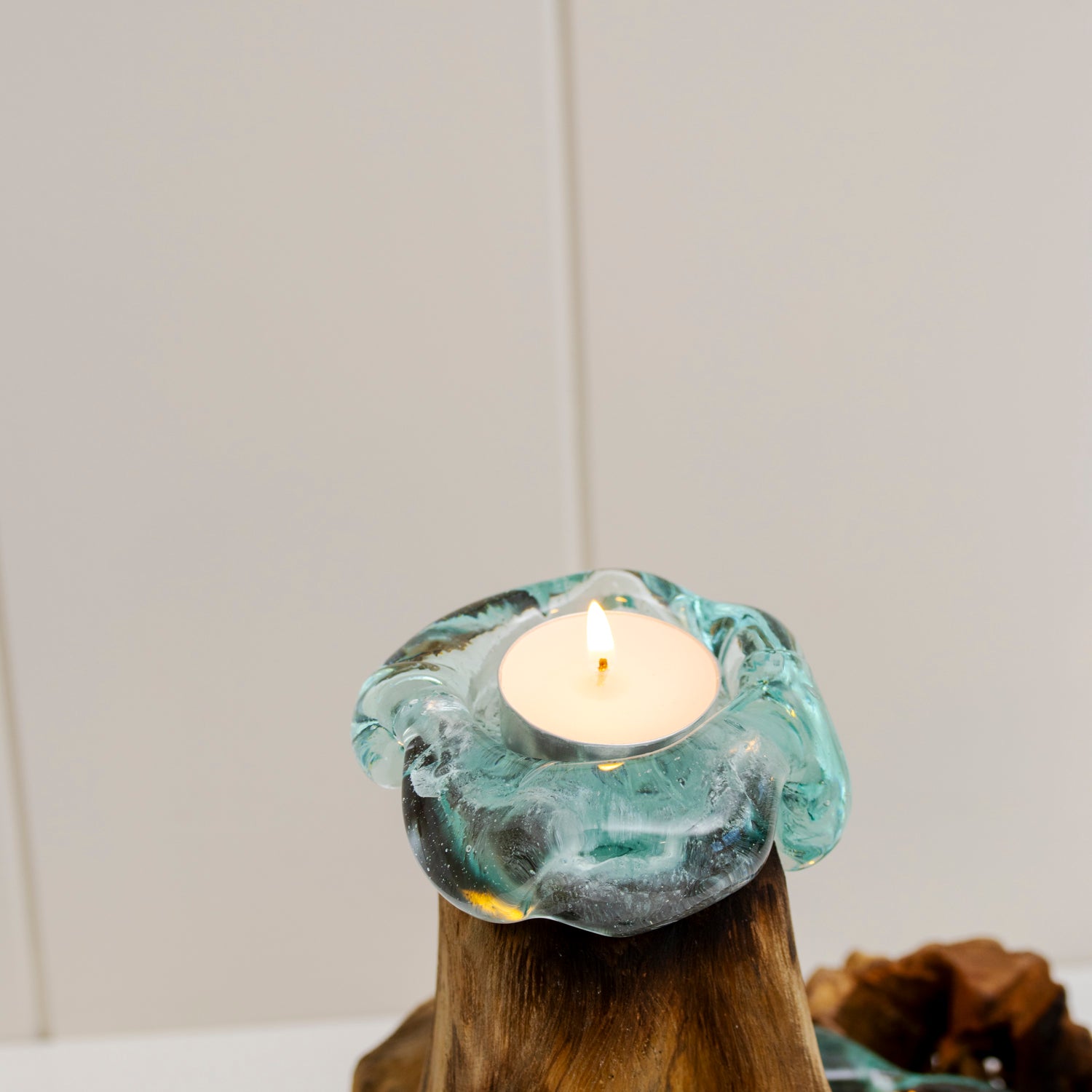 Tall Double Molten Glass Candle Holder With Teak Root Base