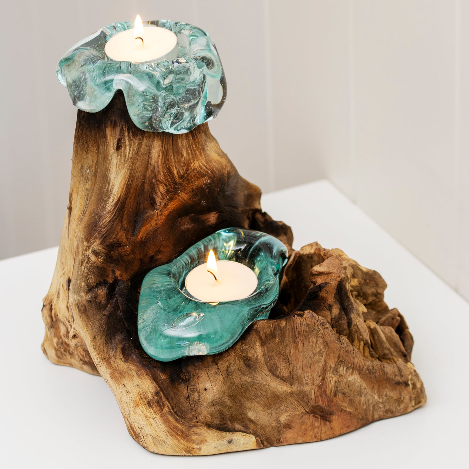 Tall Double Molten Glass Candle Holder With Teak Root Base