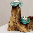 Tall Double Molten Glass Candle Holder With Teak Root Base