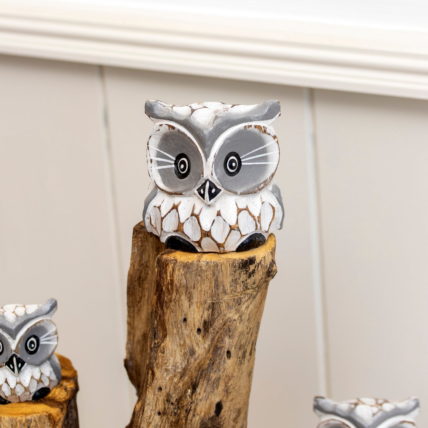 Baby Owls In Teak Root Tree Sculpture
