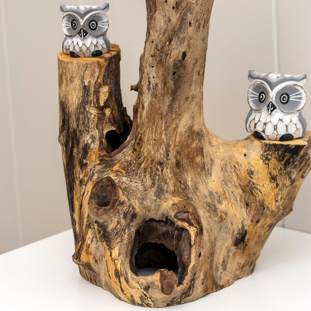 Baby Owls In Teak Root Tree Sculpture