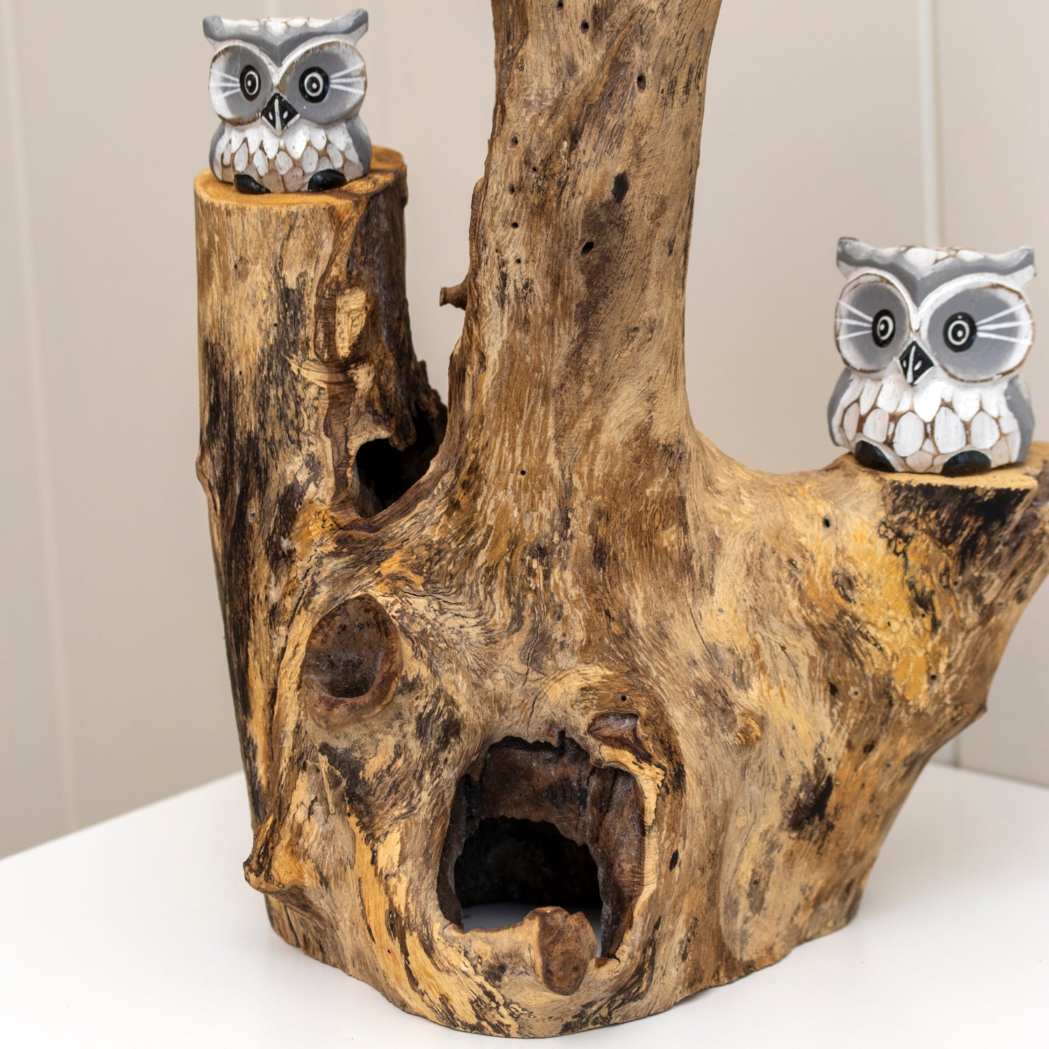 Baby Owls In Teak Root Tree Sculpture