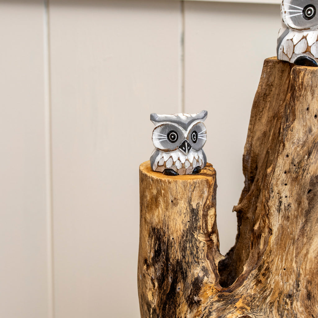Baby Owls In Teak Root Tree Sculpture