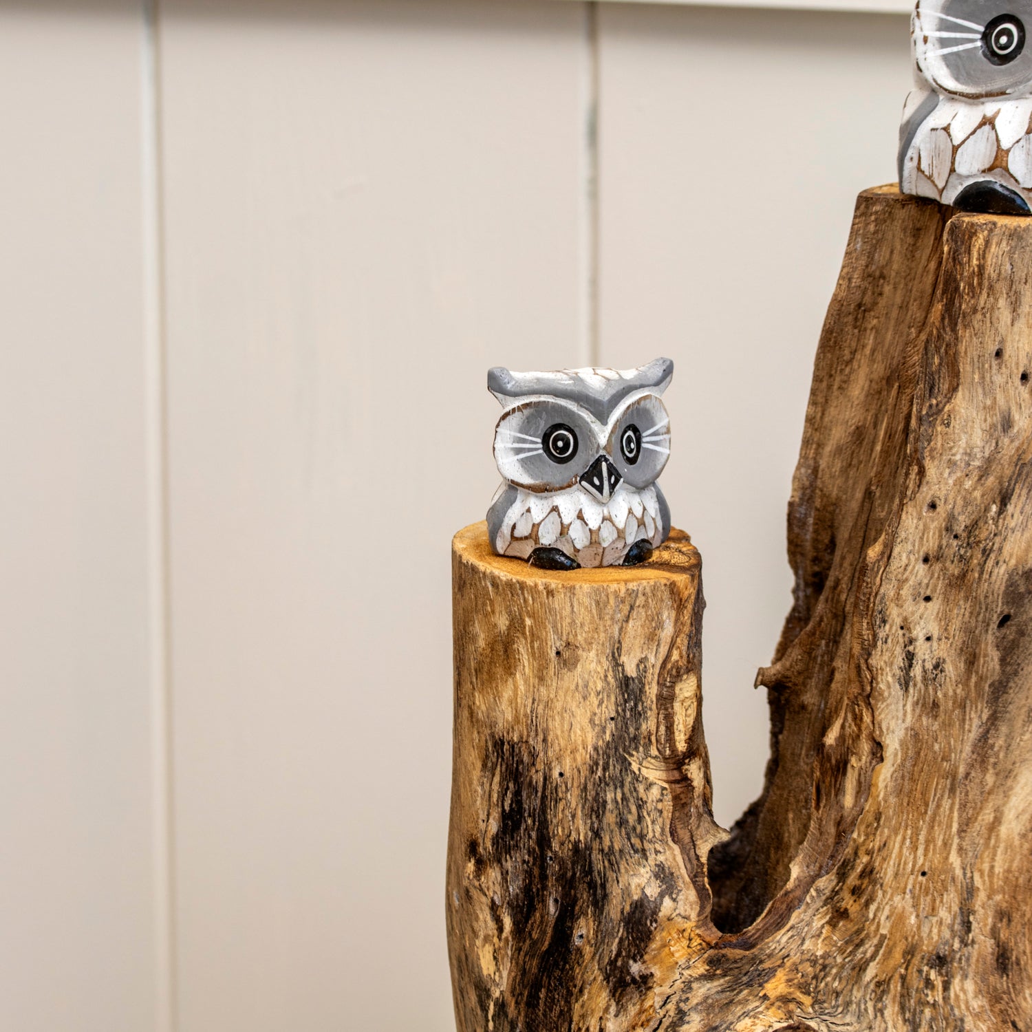 Baby Owls In Teak Root Tree Sculpture