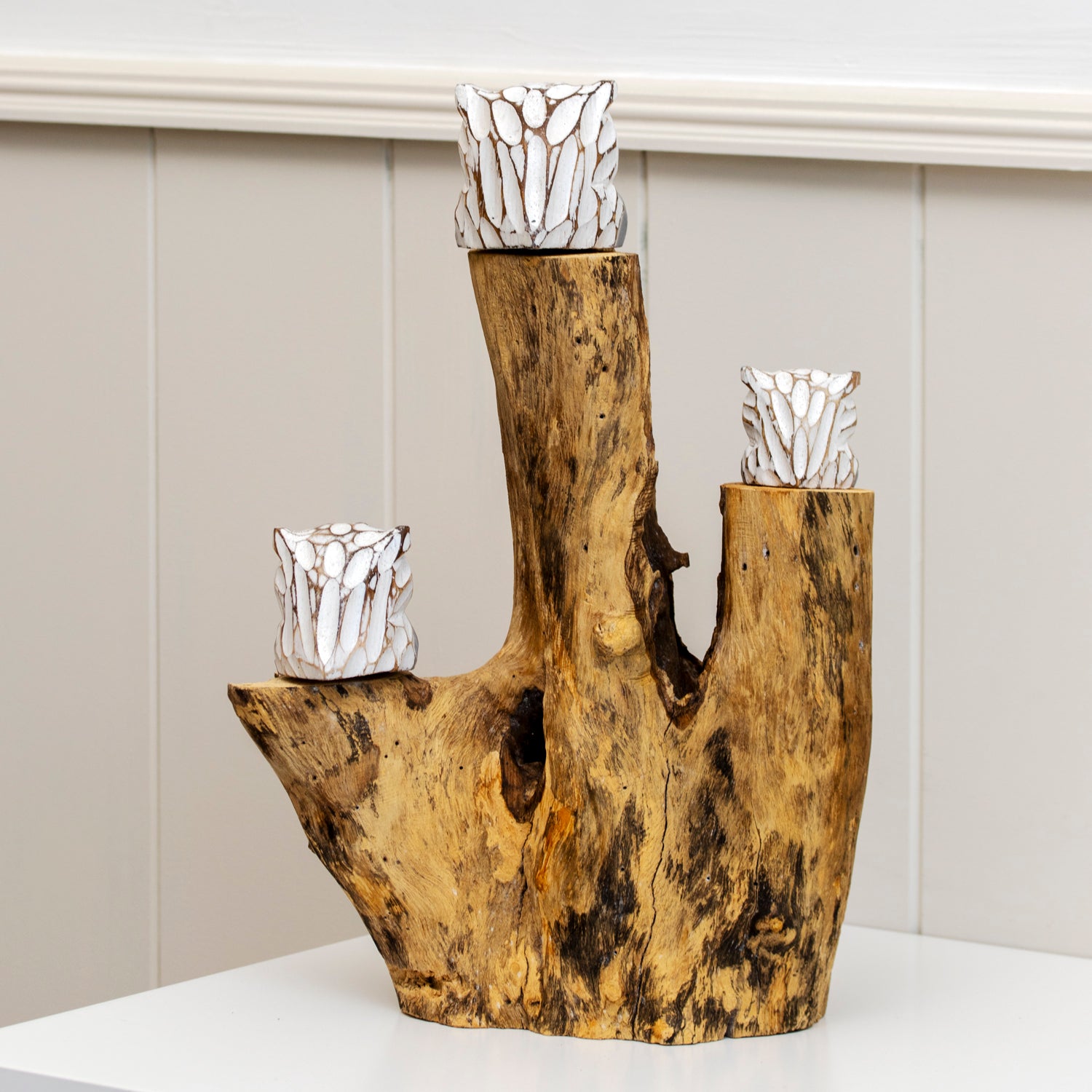 Baby Owls In Teak Root Tree Sculpture