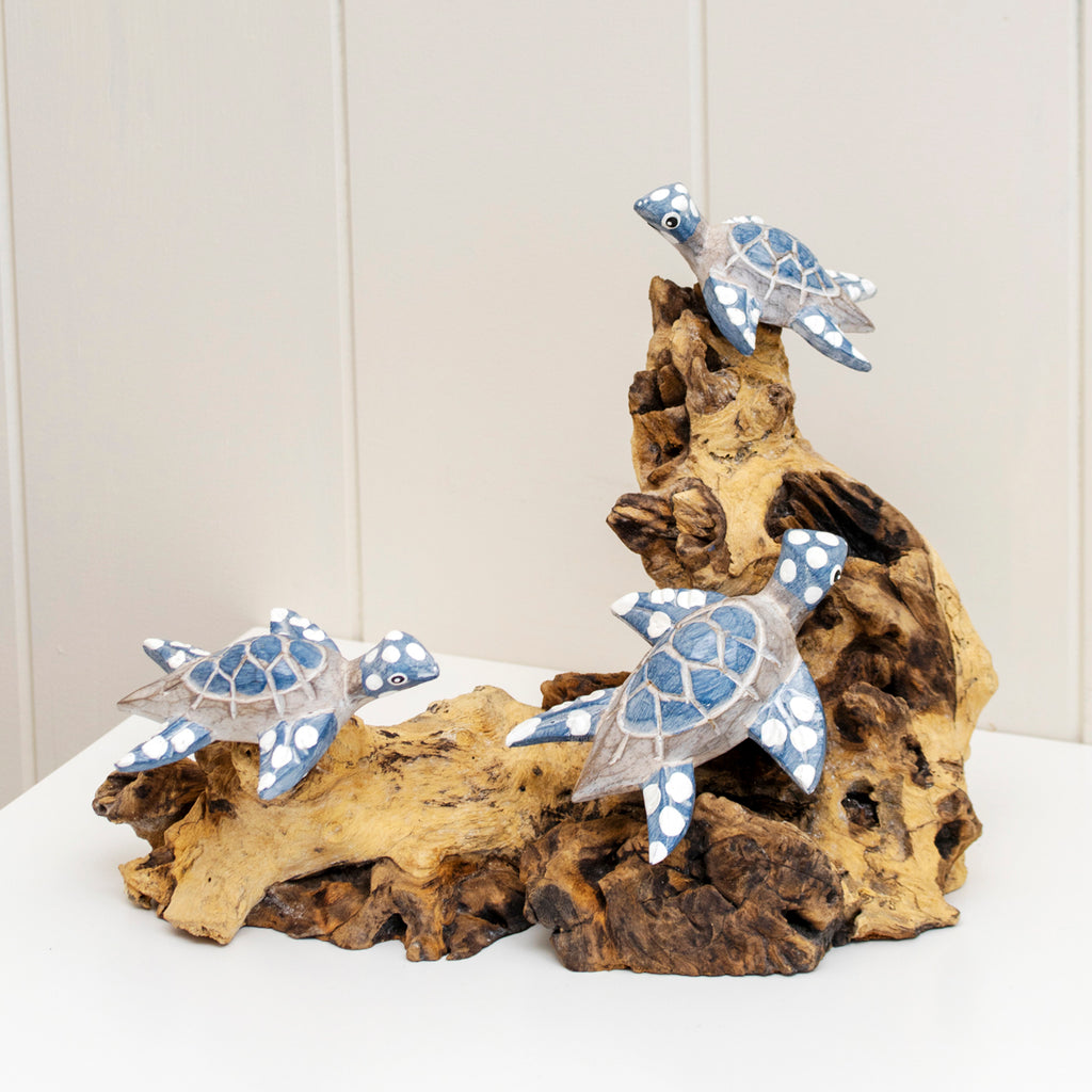 Swimming Turtles On Teak Root Coral Reef Sculpture