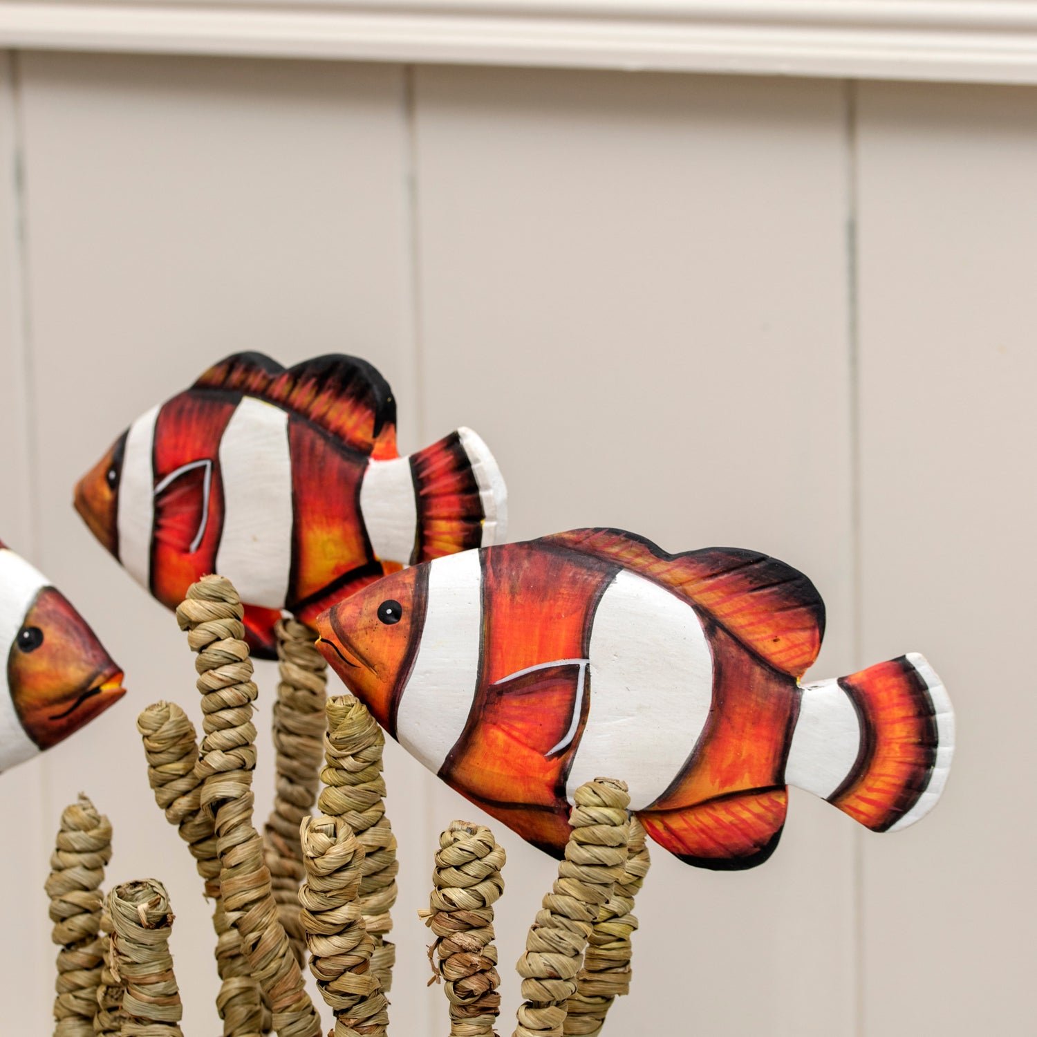 Clownfish In Seagrass On Teak Root Base Sculpture