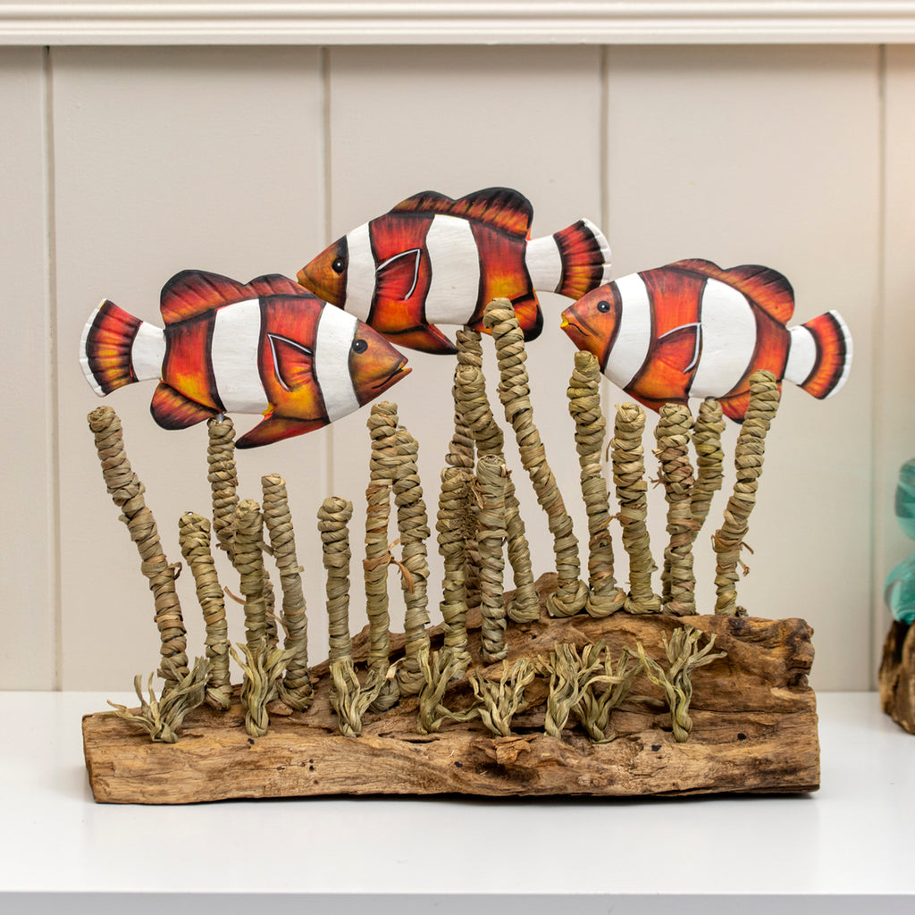 Clownfish In Seagrass On Teak Root Base Sculpture