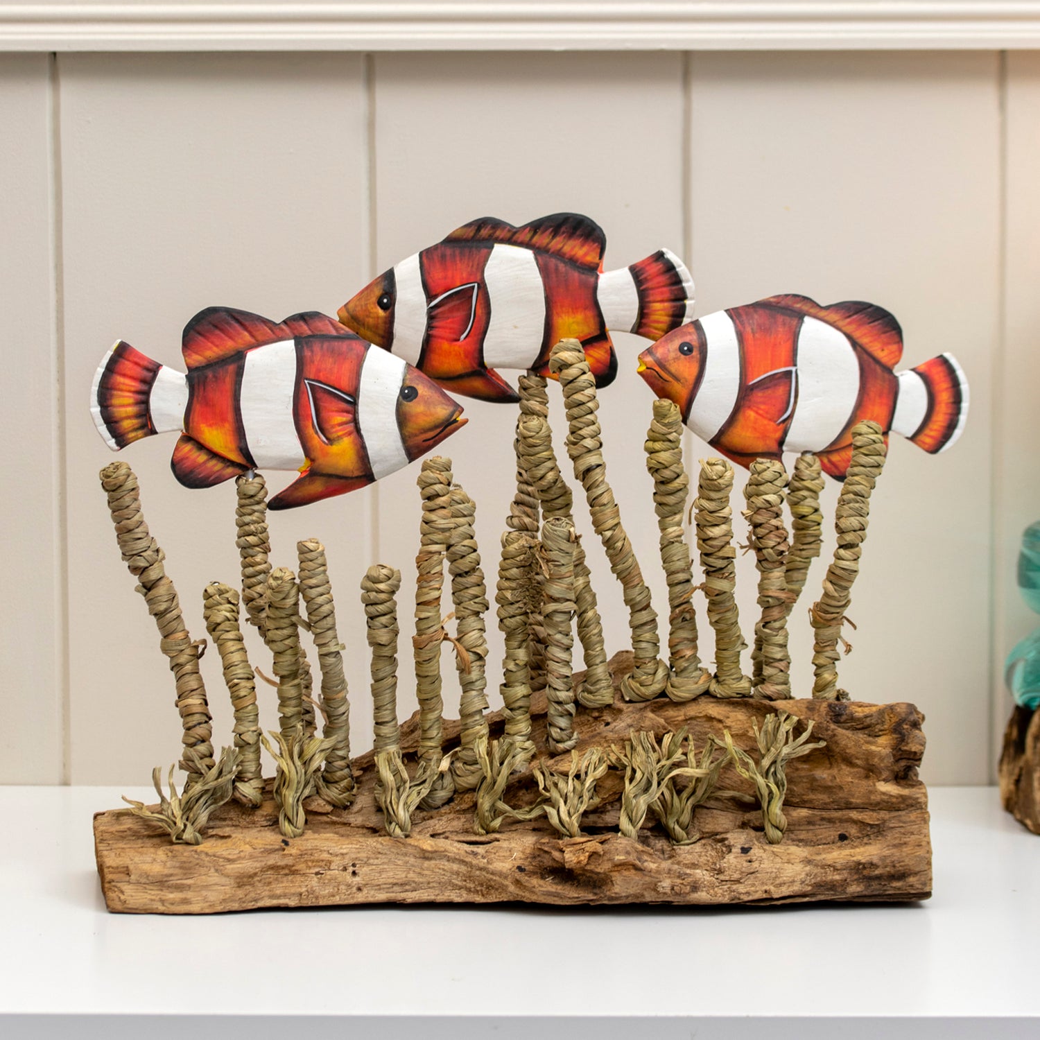 Clownfish In Seagrass On Teak Root Base Sculpture
