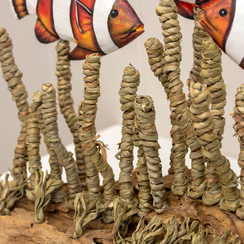 Clownfish In Seagrass On Teak Root Base Sculpture