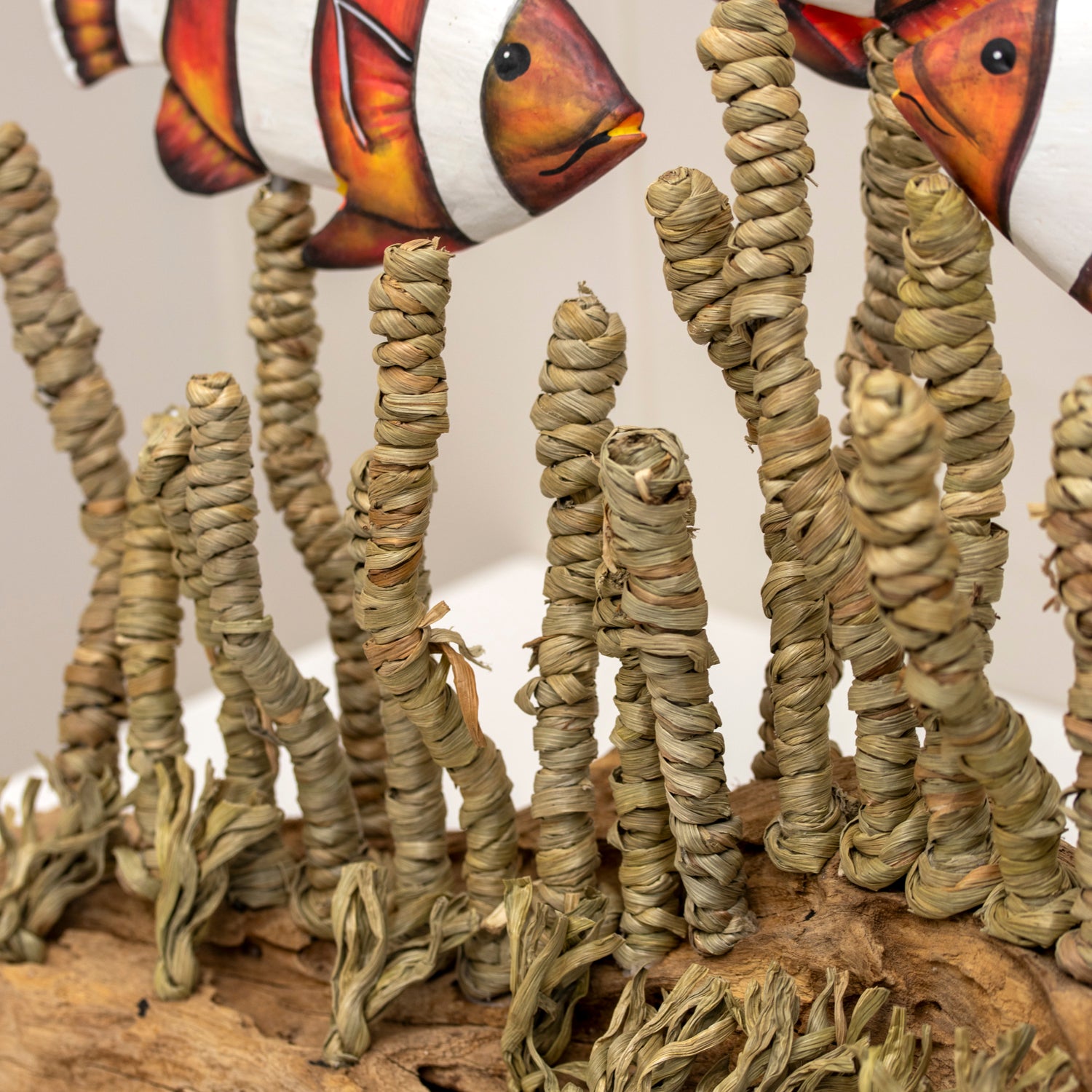 Clownfish In Seagrass On Teak Root Base Sculpture