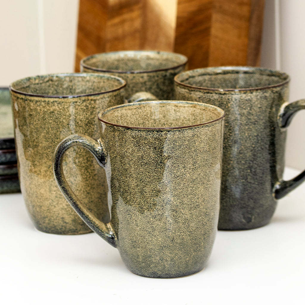 Set Of 4 Green Reactive Glaze Mugs