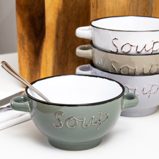 Set Of 4 Stoneware Handled Soup Bowls 500ml