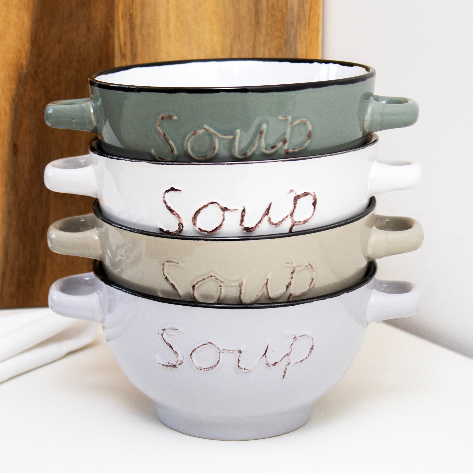 Set Of 4 Stoneware Handled Soup Bowls 500ml