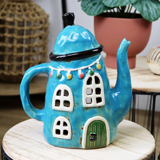 Blue Teapot House Candle Holder